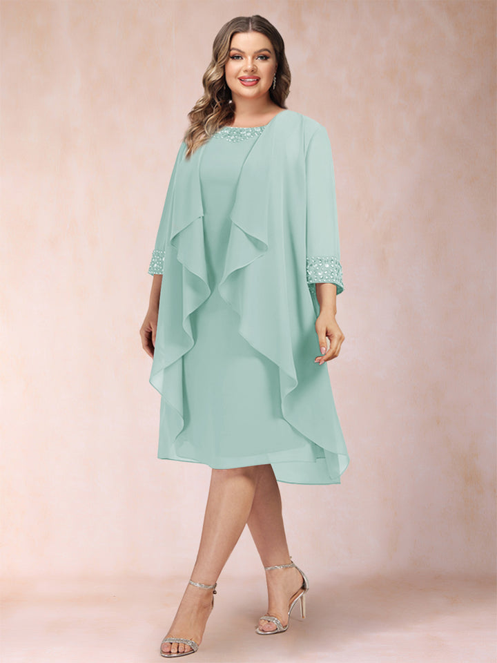 Sheath/Column Scoop 3/4 Sleeves 2 Pieces Plus Size Mother of the Bride Dresses with Rhinestone &amp; Jacket