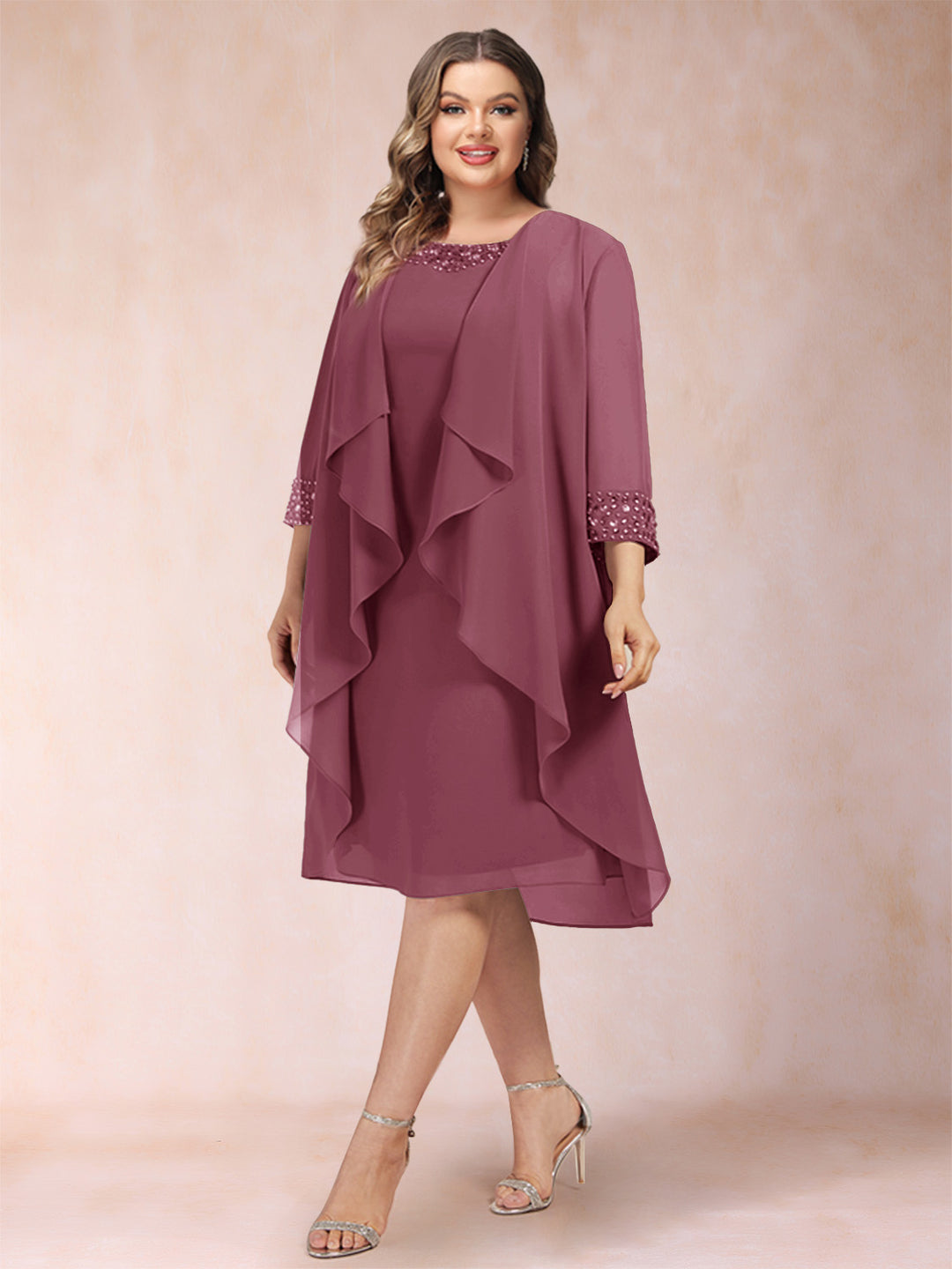 Sheath/Column Scoop 3/4 Sleeves 2 Pieces Plus Size Mother of the Bride Dresses with Rhinestone &amp; Jacket