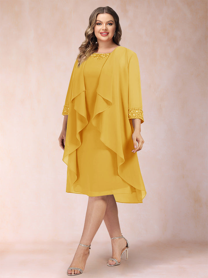 Sheath/Column Scoop 3/4 Sleeves 2 Pieces Plus Size Mother of the Bride Dresses with Rhinestone &amp; Jacket