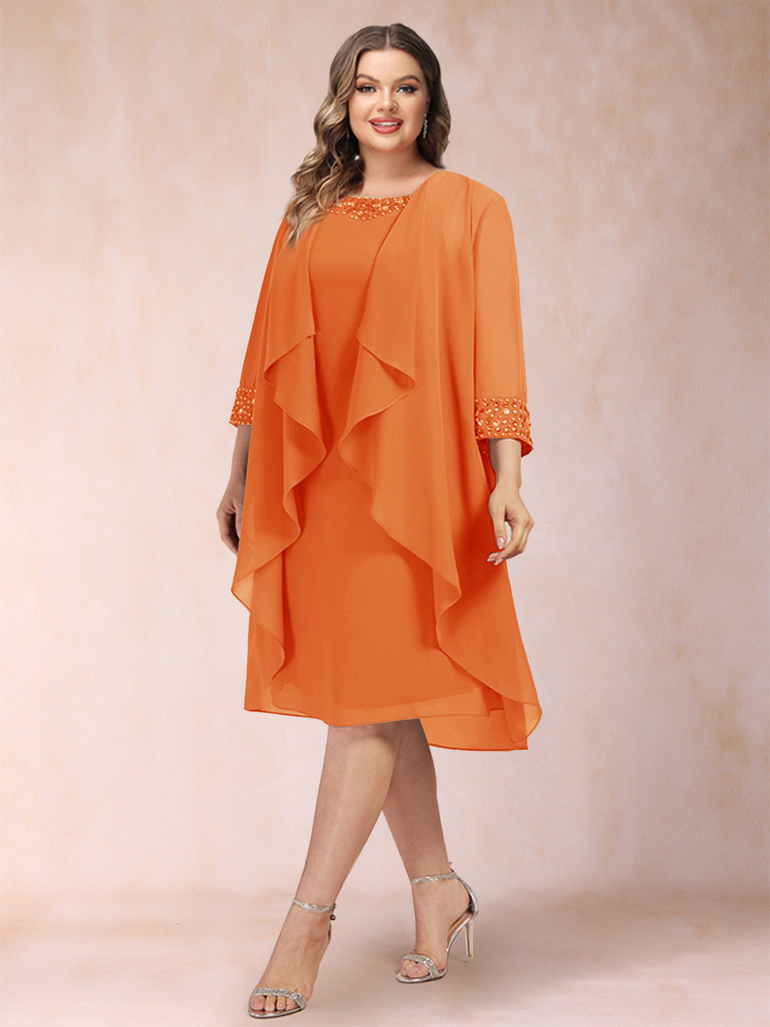 Sheath/Column Scoop 3/4 Sleeves 2 Pieces Plus Size Mother of the Bride Dresses with Rhinestone &amp; Jacket