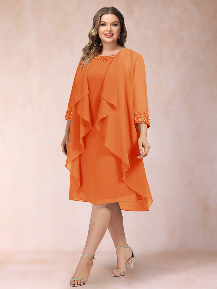 Sheath/Column Scoop 3/4 Sleeves 2 Pieces Plus Size Mother of the Bride Dresses with Rhinestone &amp; Jacket