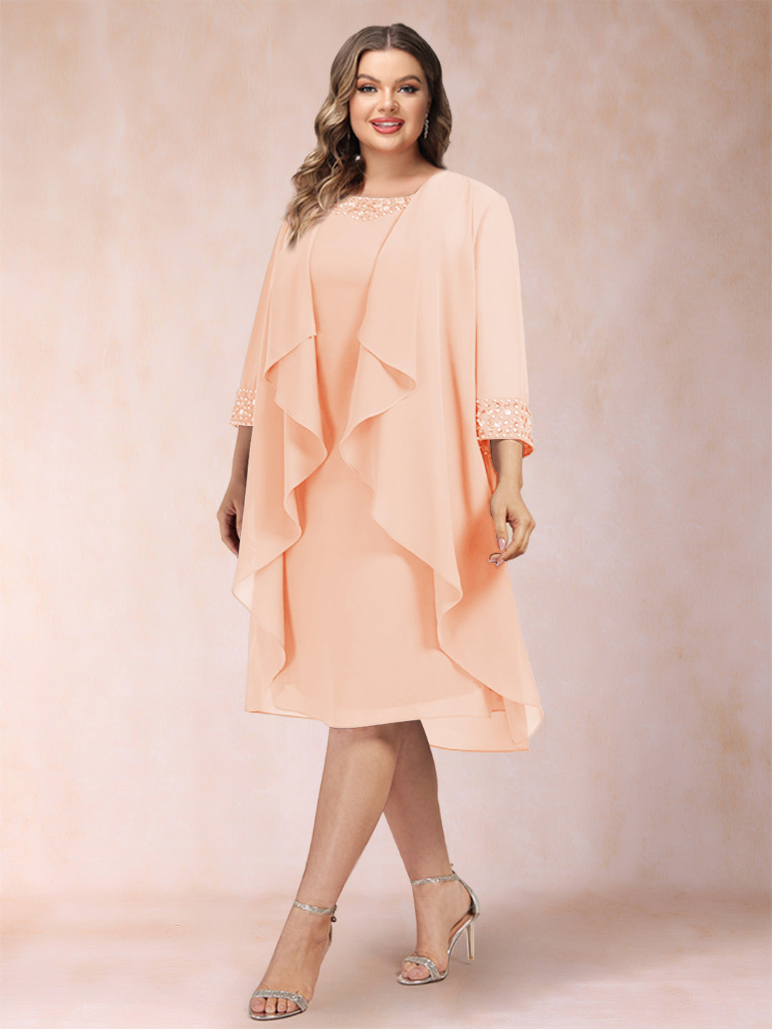 Sheath/Column Scoop 3/4 Sleeves 2 Pieces Plus Size Mother of the Bride Dresses with Rhinestone &amp; Jacket