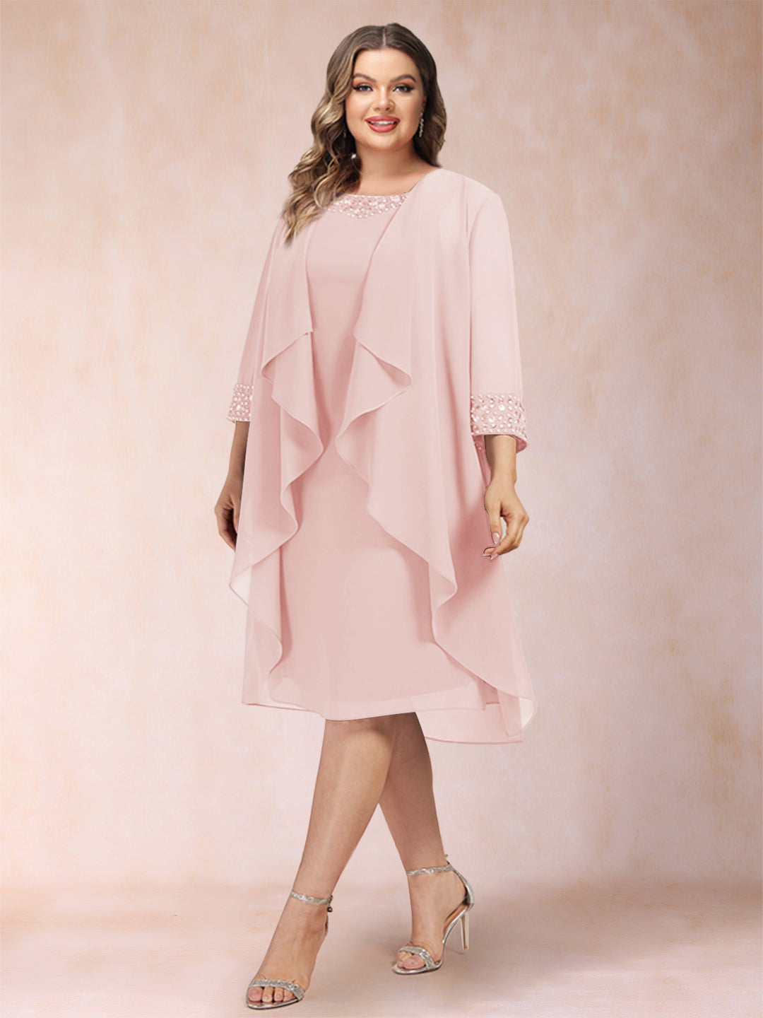Sheath/Column Scoop 3/4 Sleeves 2 Pieces Plus Size Mother of the Bride Dresses with Rhinestone &amp; Jacket