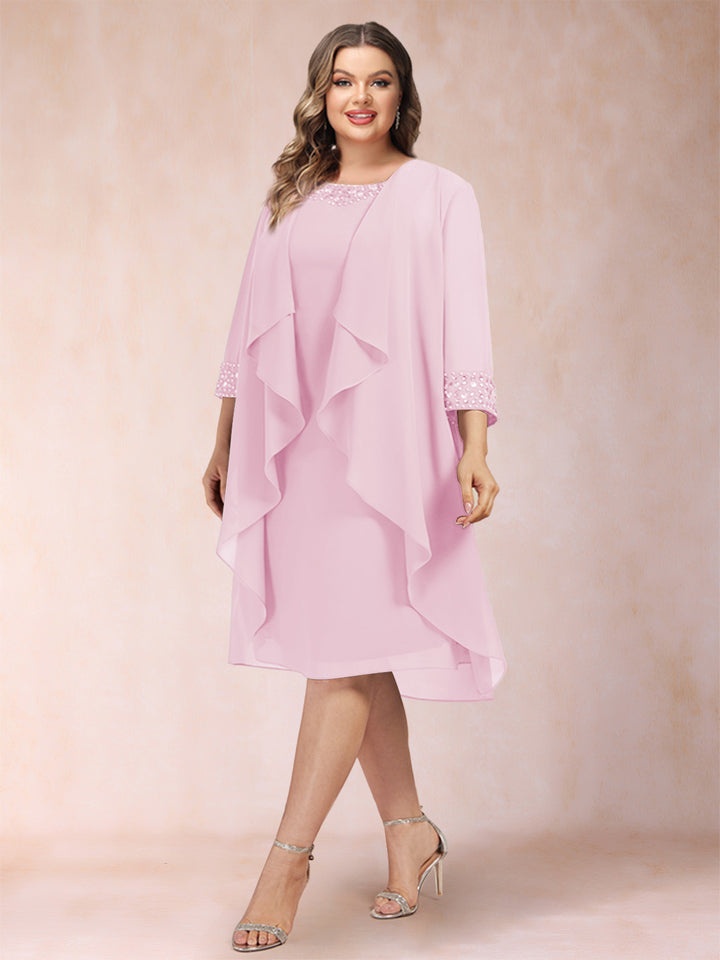 Sheath/Column Scoop 3/4 Sleeves 2 Pieces Plus Size Mother of the Bride Dresses with Rhinestone &amp; Jacket