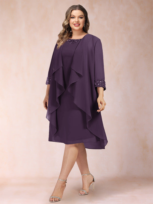 Sheath/Column Scoop 3/4 Sleeves 2 Pieces Plus Size Mother of the Bride Dresses with Rhinestone & Jacket