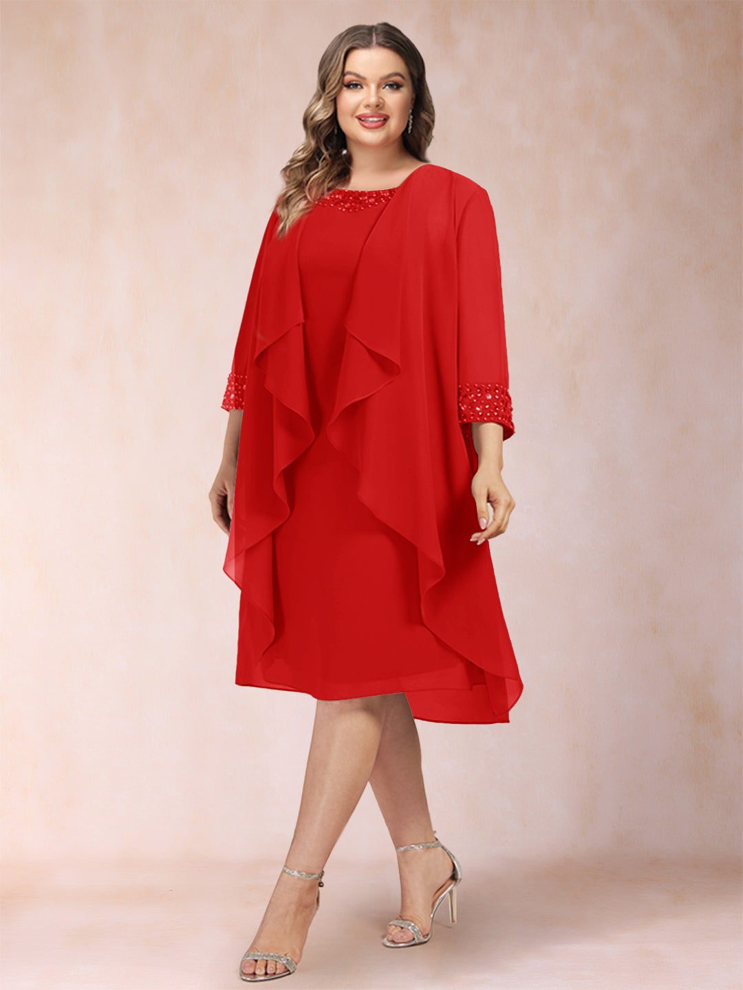 Sheath/Column Scoop 3/4 Sleeves 2 Pieces Plus Size Mother of the Bride Dresses with Rhinestone &amp; Jacket