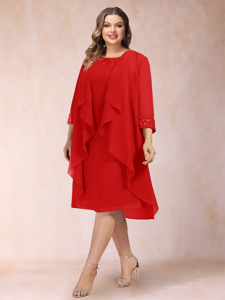 Sheath/Column Scoop 3/4 Sleeves 2 Pieces Plus Size Mother of the Bride Dresses with Rhinestone &amp; Jacket
