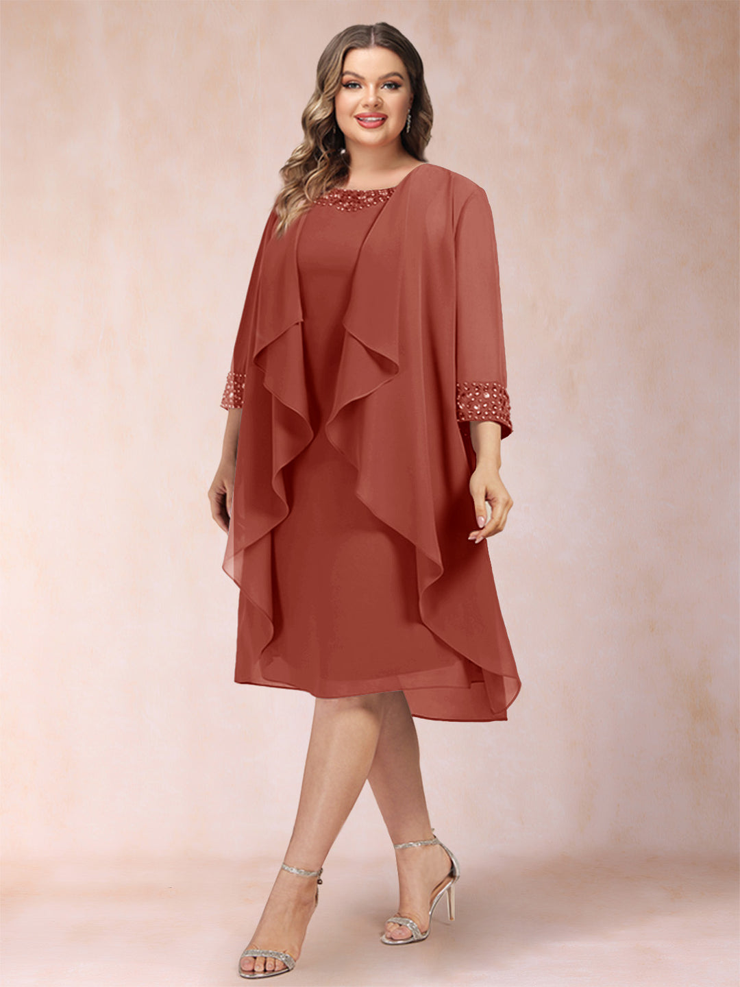 Sheath/Column Scoop 3/4 Sleeves 2 Pieces Plus Size Mother of the Bride Dresses with Rhinestone &amp; Jacket