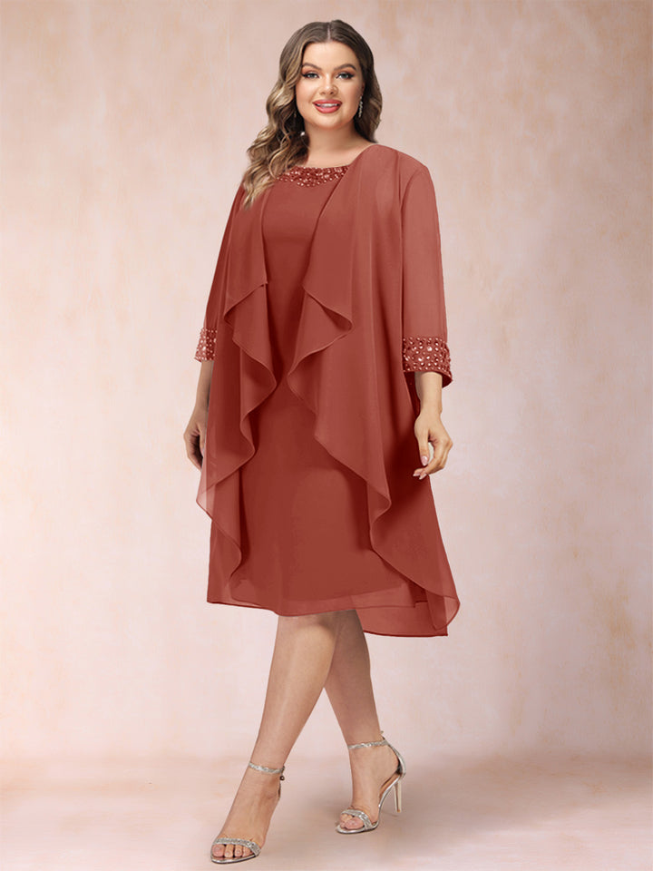Sheath/Column Scoop 3/4 Sleeves 2 Pieces Plus Size Mother of the Bride Dresses with Rhinestone &amp; Jacket