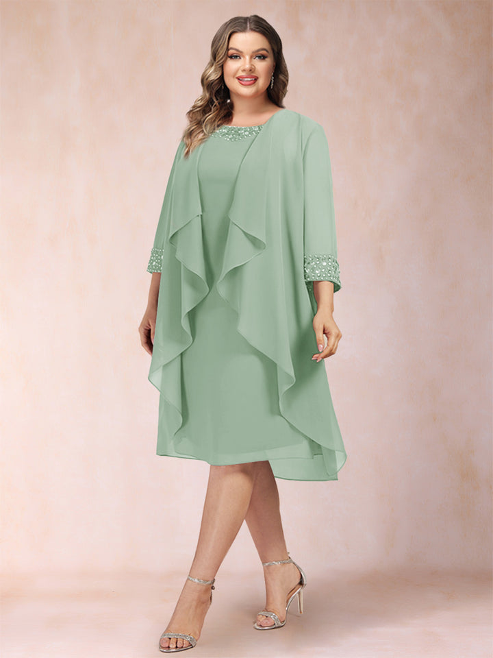 Sheath/Column Scoop 3/4 Sleeves 2 Pieces Plus Size Mother of the Bride Dresses with Rhinestone &amp; Jacket