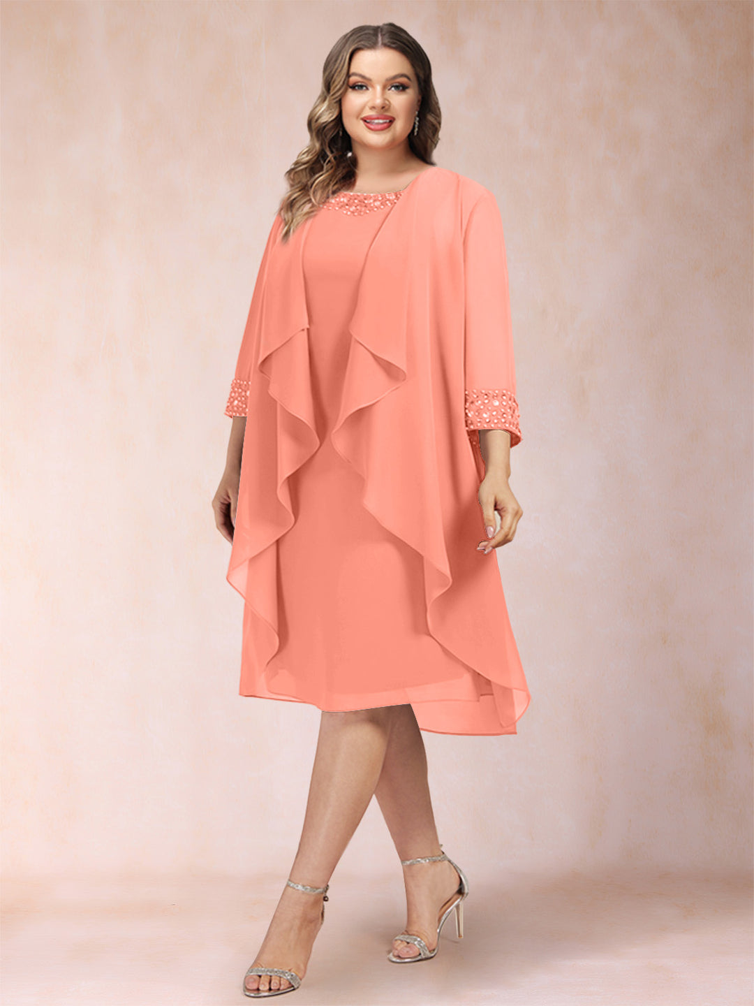 Sheath/Column Scoop 3/4 Sleeves 2 Pieces Plus Size Mother of the Bride Dresses with Rhinestone &amp; Jacket