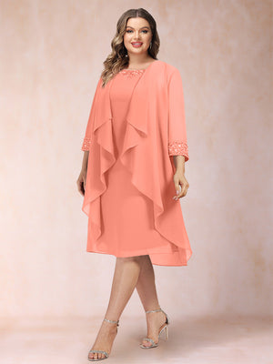 Sheath/Column Scoop 3/4 Sleeves 2 Pieces Plus Size Mother of the Bride Dresses with Rhinestone & Jacket