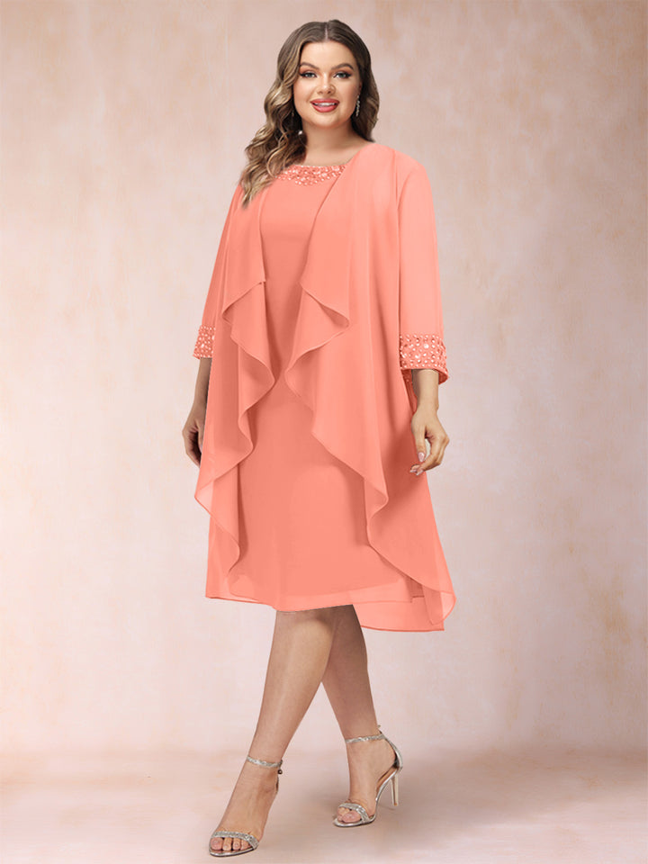 Sheath/Column Scoop 3/4 Sleeves 2 Pieces Plus Size Mother of the Bride Dresses with Rhinestone &amp; Jacket