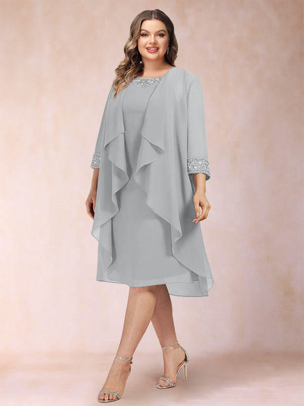 Sheath/Column Scoop 3/4 Sleeves 2 Pieces Plus Size Mother of the Bride Dresses with Rhinestone & Jacket