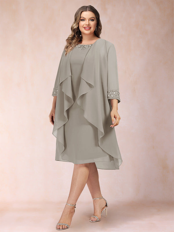 Sheath/Column Scoop 3/4 Sleeves 2 Pieces Plus Size Mother of the Bride Dresses with Rhinestone & Jacket