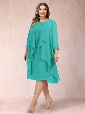 Sheath/Column Scoop 3/4 Sleeves 2 Pieces Plus Size Mother of the Bride Dresses with Rhinestone & Jacket