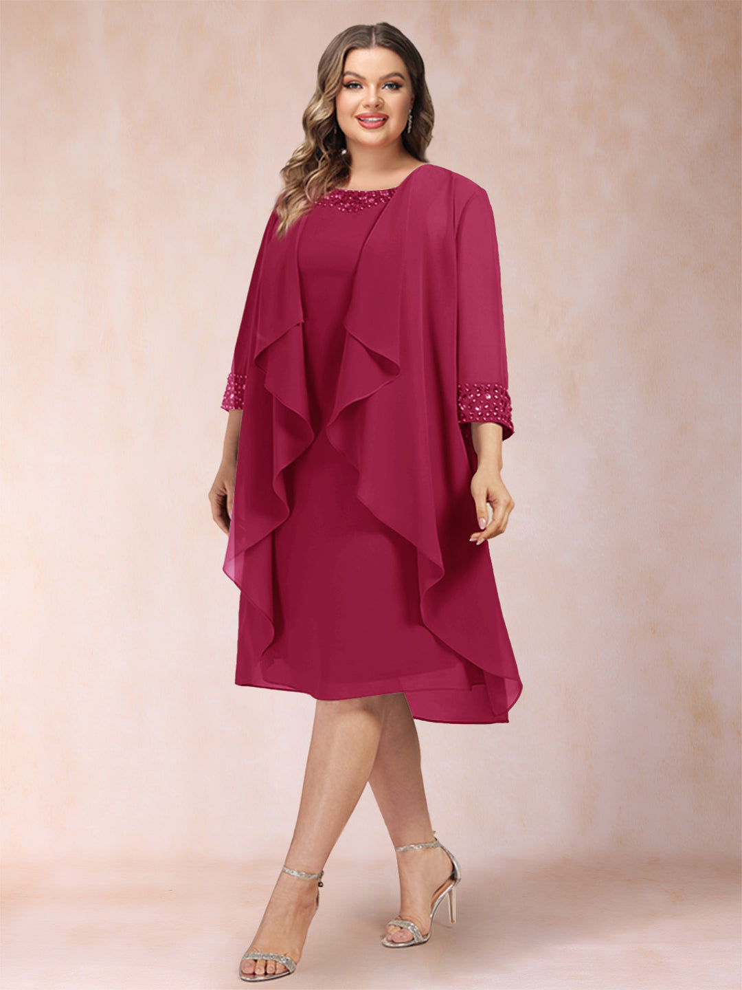 Sheath/Column Scoop 3/4 Sleeves 2 Pieces Plus Size Mother of the Bride Dresses with Rhinestone &amp; Jacket