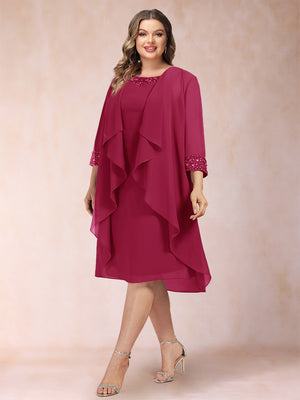 Sheath/Column Scoop 3/4 Sleeves 2 Pieces Plus Size Mother of the Bride Dresses with Rhinestone & Jacket