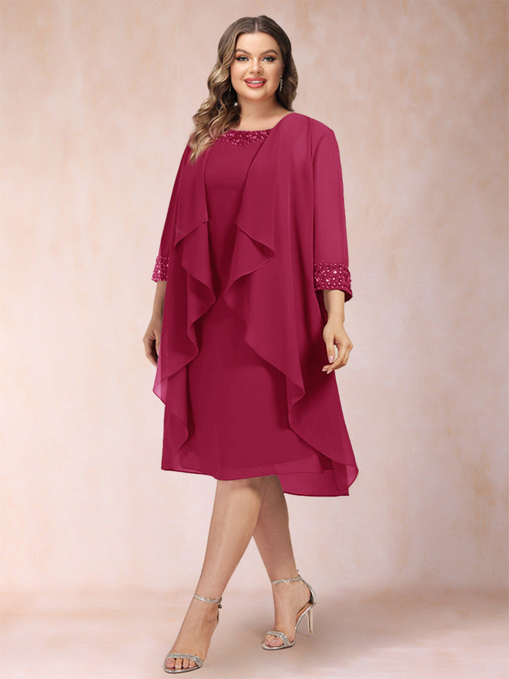 Sheath/Column Scoop 3/4 Sleeves 2 Pieces Plus Size Mother of the Bride Dresses with Rhinestone &amp; Jacket