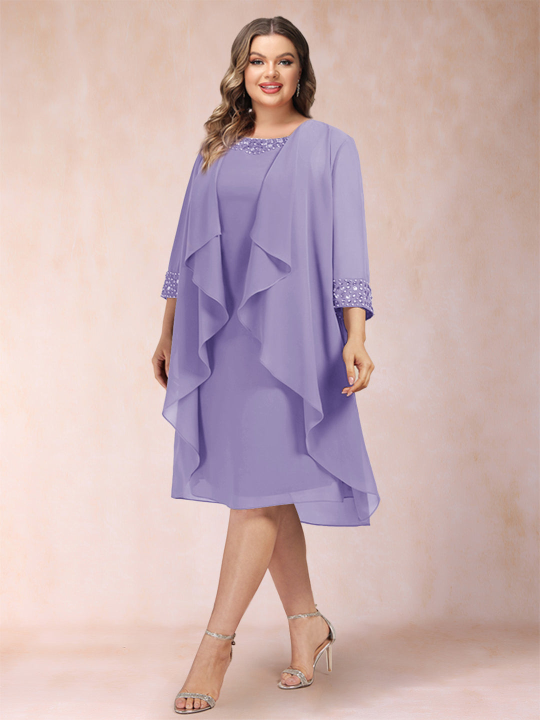 Sheath/Column Scoop 3/4 Sleeves 2 Pieces Plus Size Mother of the Bride Dresses with Rhinestone &amp; Jacket