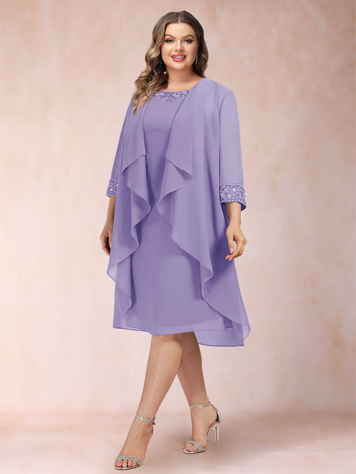 Sheath/Column Scoop 3/4 Sleeves 2 Pieces Plus Size Mother of the Bride Dresses with Rhinestone &amp; Jacket