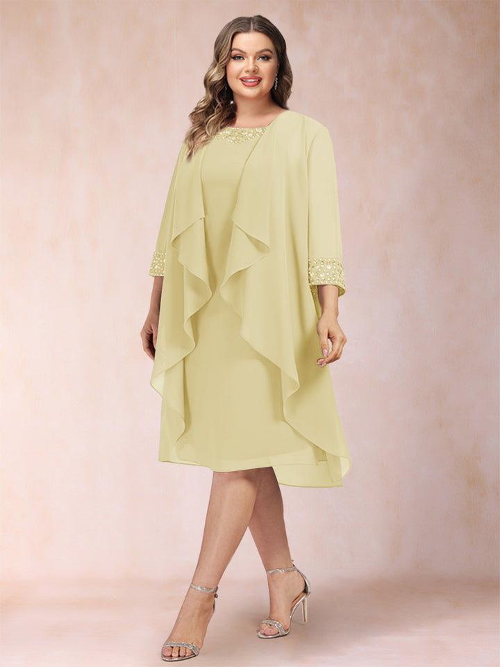 Sheath/Column Scoop 3/4 Sleeves 2 Pieces Plus Size Mother of the Bride Dresses with Rhinestone &amp; Jacket