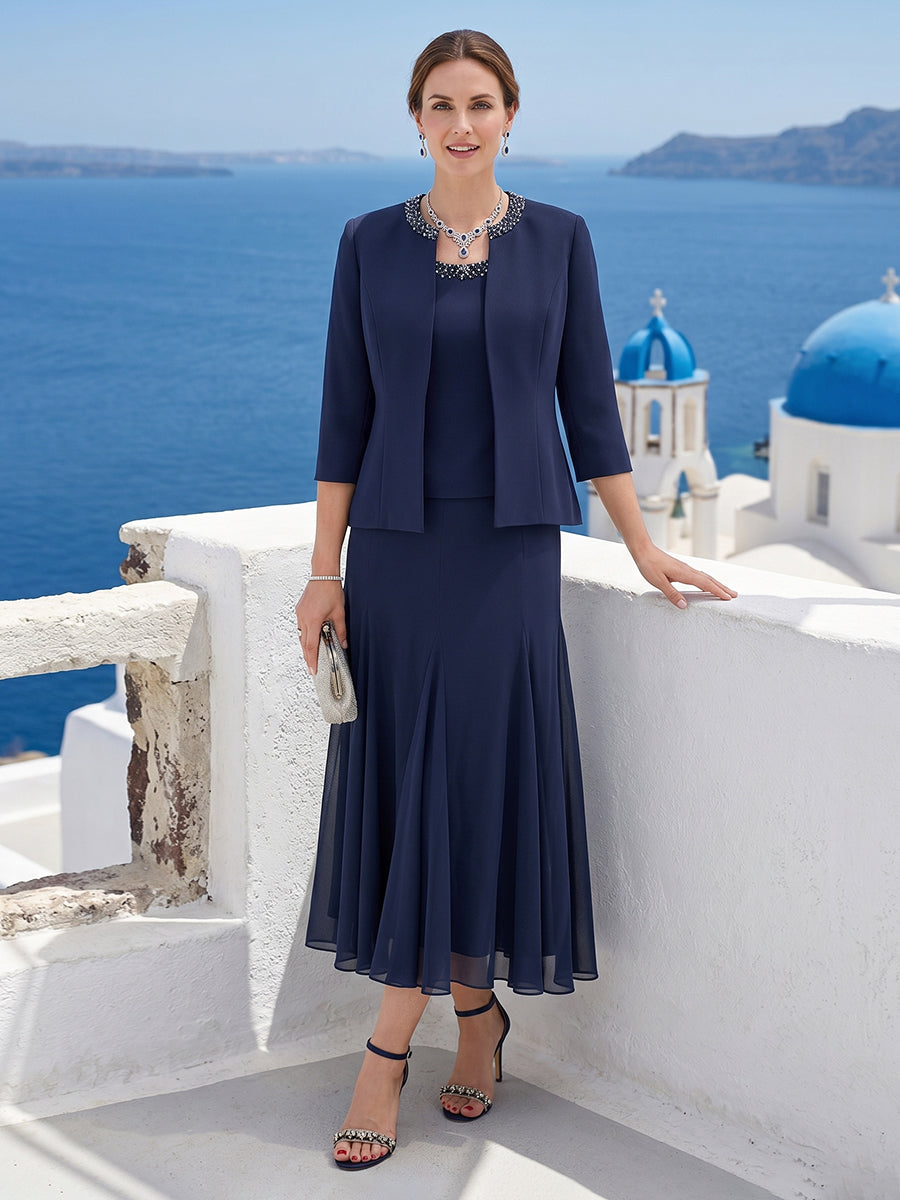 A-Line/Princess Scoop 3/4 Sleeves 2 Pieces Mother of the Bride Dresses with Sequins