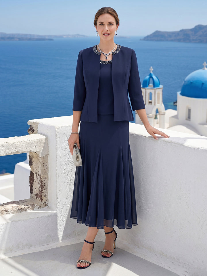 A-Line/Princess Scoop 3/4 Sleeves 2 Pieces Mother of the Bride Dresses with Sequins