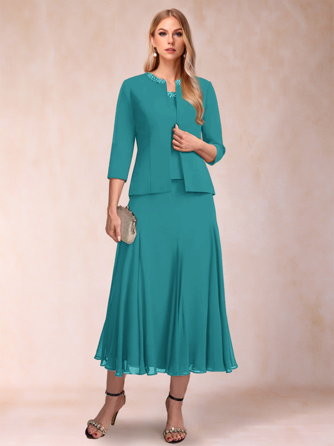 A-Line/Princess Scoop 3/4 Sleeves 2 Pieces Mother of the Bride Dresses with Sequins