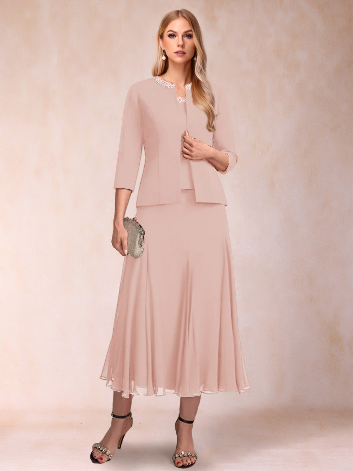 A-Line/Princess Scoop 3/4 Sleeves 2 Pieces Mother of the Bride Dresses with Sequins