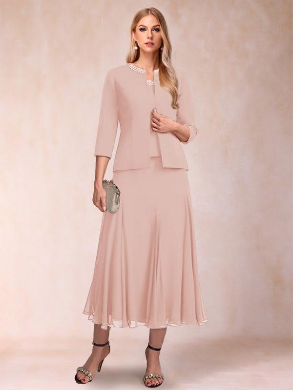 A-Line/Princess Scoop 3/4 Sleeves 2 Pieces Mother of the Bride Dresses with Sequins