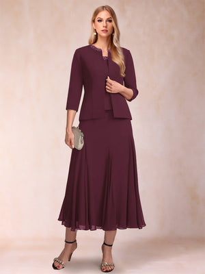 A-Line/Princess Scoop 3/4 Sleeves 2 Pieces Mother of the Bride Dresses with Sequins