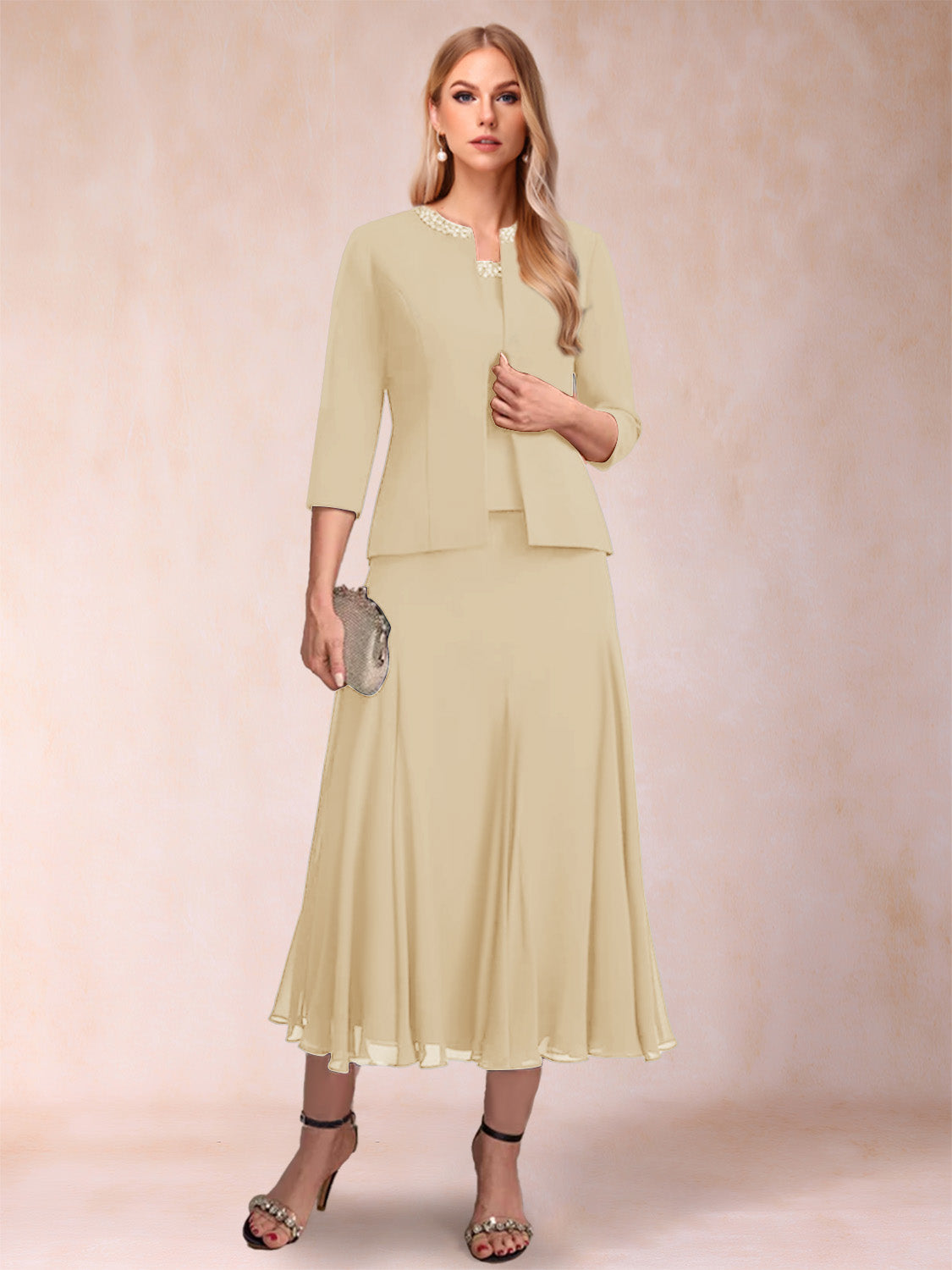 A-Line/Princess Scoop 3/4 Sleeves 2 Pieces Mother of the Bride Dresses with Sequins