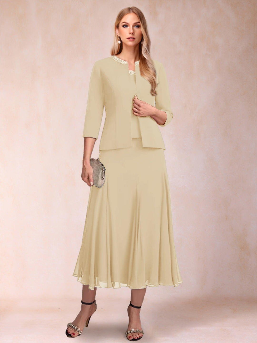 A-Line/Princess Scoop 3/4 Sleeves 2 Pieces Mother of the Bride Dresses with Sequins