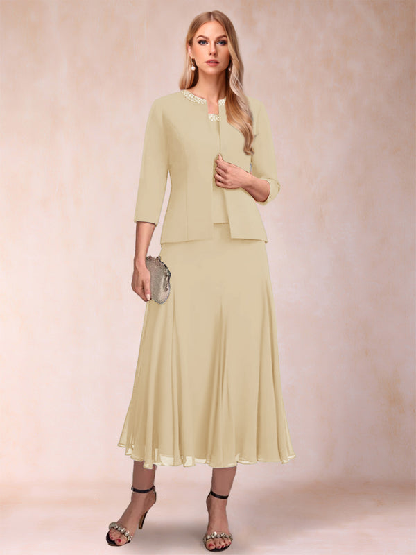 A-Line/Princess Scoop 3/4 Sleeves 2 Pieces Mother of the Bride Dresses with Sequins