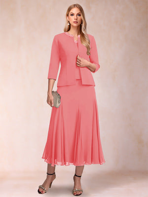 A-Line/Princess Scoop 3/4 Sleeves 2 Pieces Mother of the Bride Dresses with Sequins