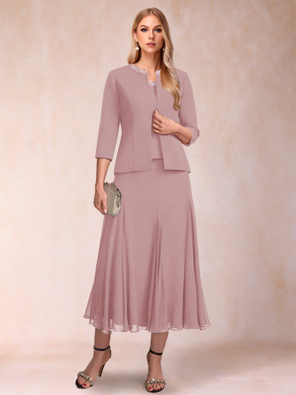 A-Line/Princess Scoop 3/4 Sleeves 2 Pieces Mother of the Bride Dresses with Sequins