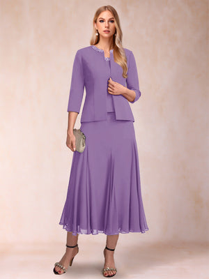 A-Line/Princess Scoop 3/4 Sleeves 2 Pieces Mother of the Bride Dresses with Sequins