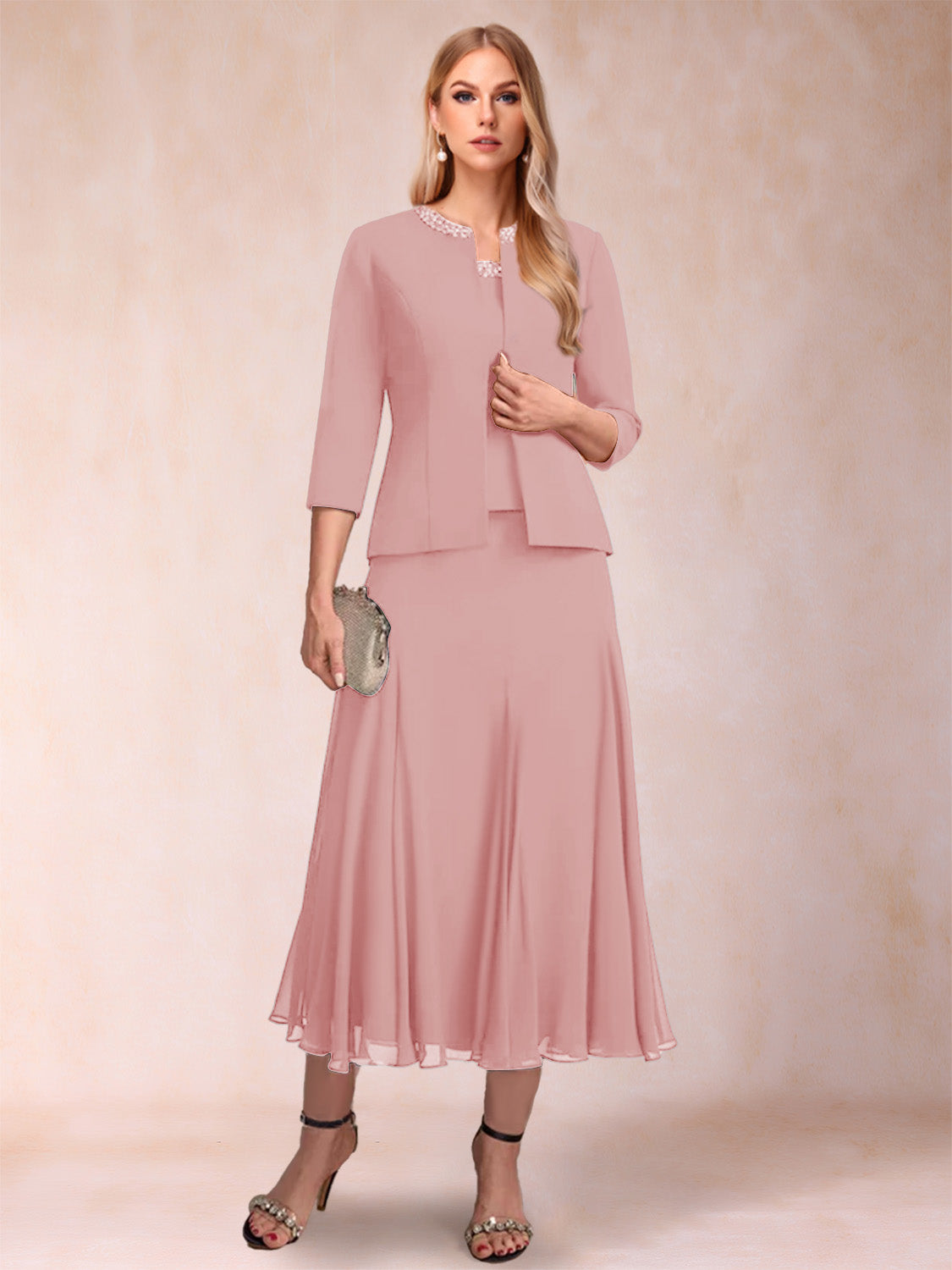 A-Line/Princess Scoop 3/4 Sleeves 2 Pieces Mother of the Bride Dresses with Sequins