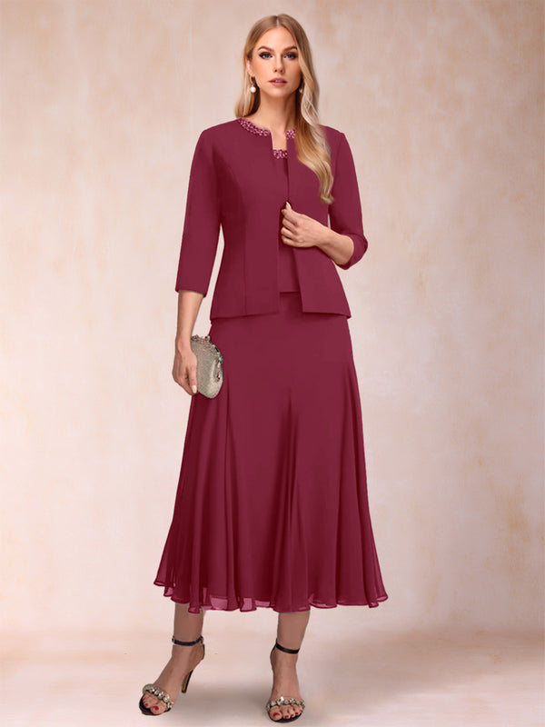 A-Line/Princess Scoop 3/4 Sleeves 2 Pieces Mother of the Bride Dresses with Sequins