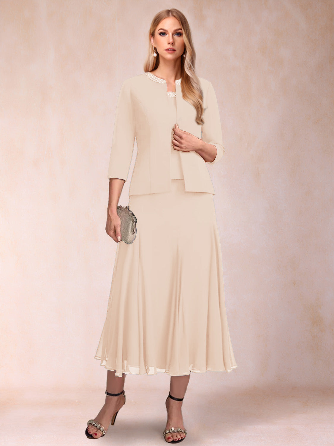 A-Line/Princess Scoop 3/4 Sleeves 2 Pieces Mother of the Bride Dresses with Sequins