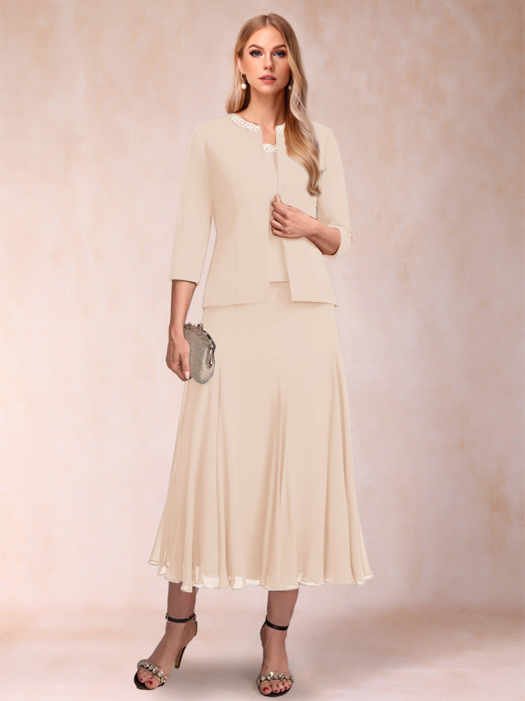 A-Line/Princess Scoop 3/4 Sleeves 2 Pieces Mother of the Bride Dresses with Sequins