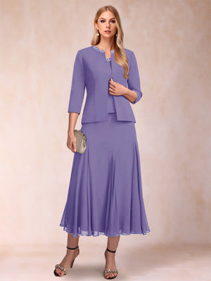 A-Line/Princess Scoop 3/4 Sleeves 2 Pieces Mother of the Bride Dresses with Sequins