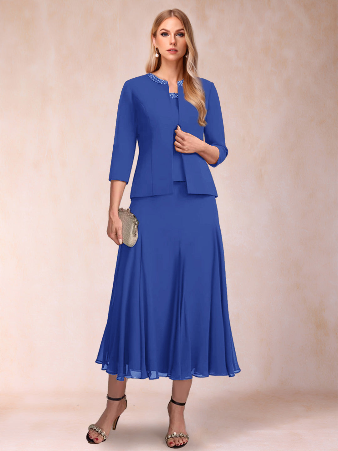 A-Line/Princess Scoop 3/4 Sleeves 2 Pieces Mother of the Bride Dresses with Sequins