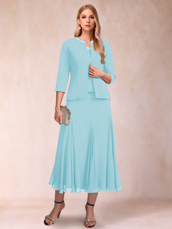 A-Line/Princess Scoop 3/4 Sleeves 2 Pieces Mother of the Bride Dresses with Sequins