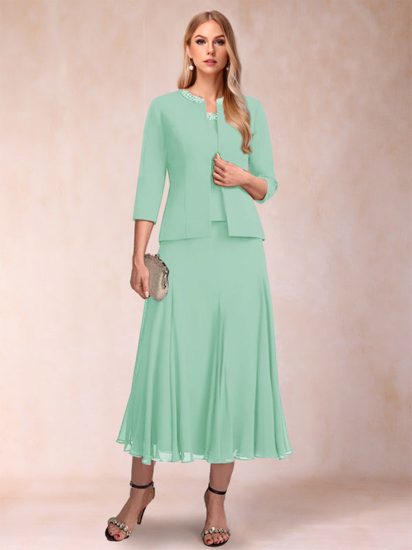 A-Line/Princess Scoop 3/4 Sleeves 2 Pieces Mother of the Bride Dresses with Sequins