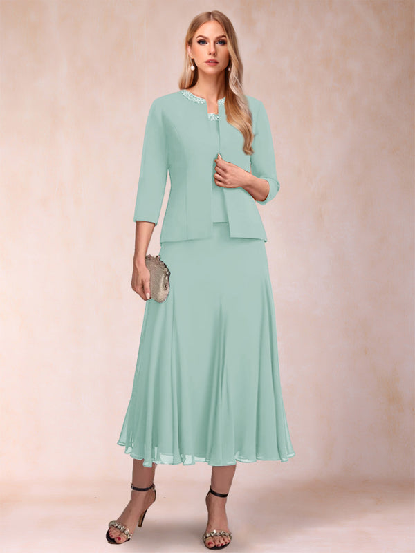 A-Line/Princess Scoop 3/4 Sleeves 2 Pieces Mother of the Bride Dresses with Sequins