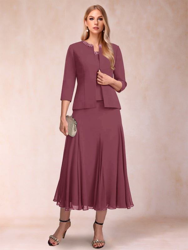 A-Line/Princess Scoop 3/4 Sleeves 2 Pieces Mother of the Bride Dresses with Sequins