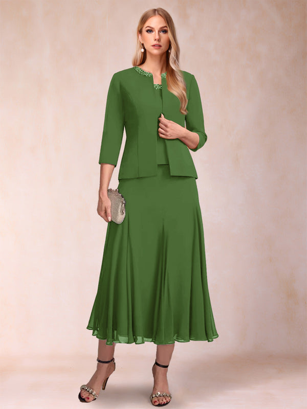 A-Line/Princess Scoop 3/4 Sleeves 2 Pieces Mother of the Bride Dresses with Sequins