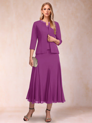 A-Line/Princess Scoop 3/4 Sleeves 2 Pieces Mother of the Bride Dresses with Sequins